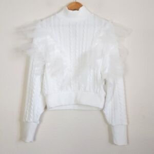 Free People Showstopper Ruffled Tulle Cable Sweater in White Size Small